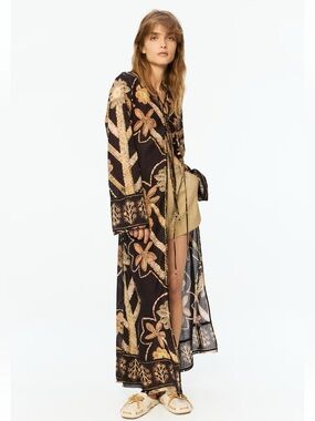 H&M STUDIO NWT BLACK FLORAL-PRINT TIE-DETAIL KAFTAN DRESS SIZE LARGE